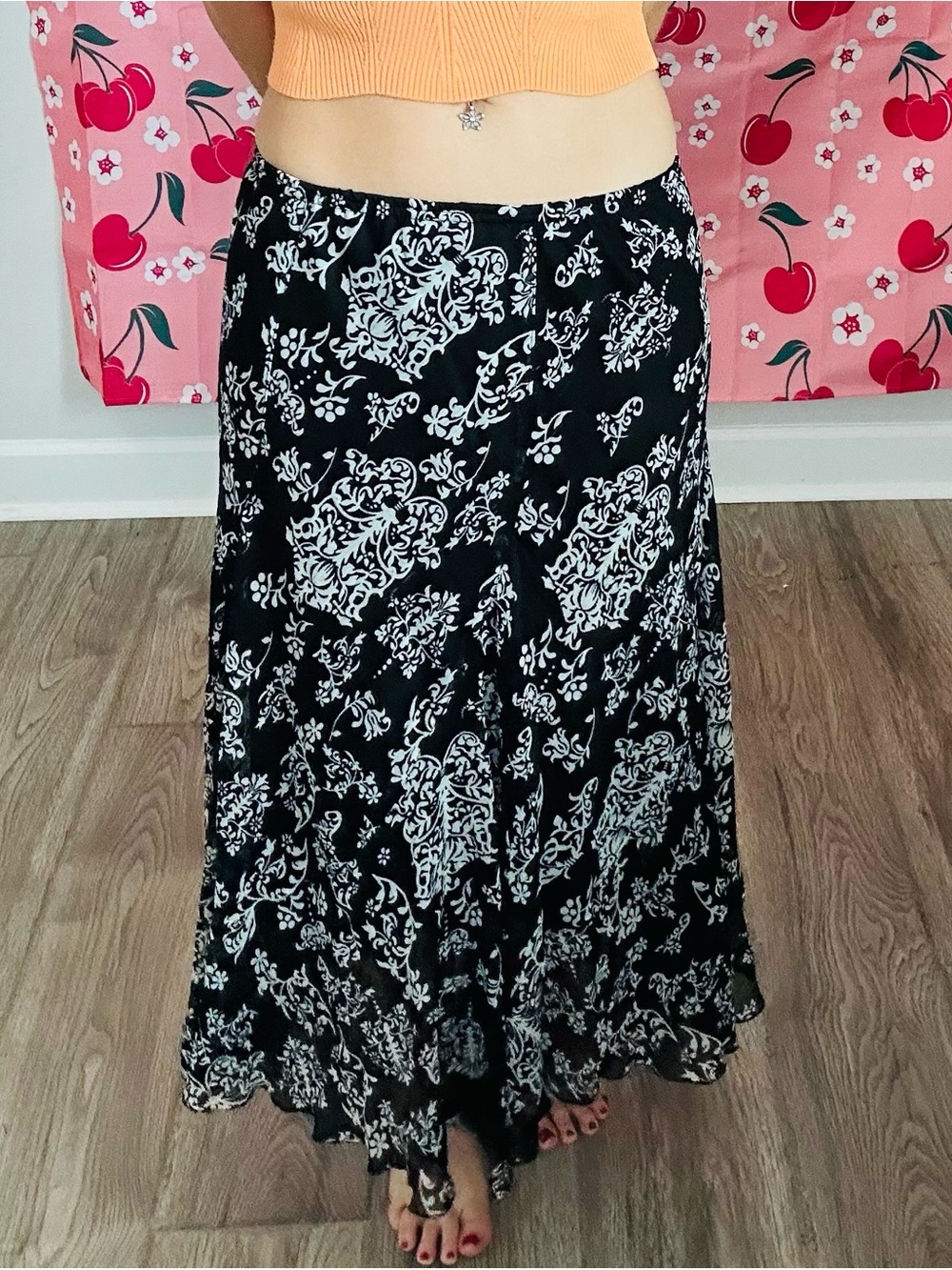 Black & White Floral Maxi Skirt - Women's Flowing A-Line
